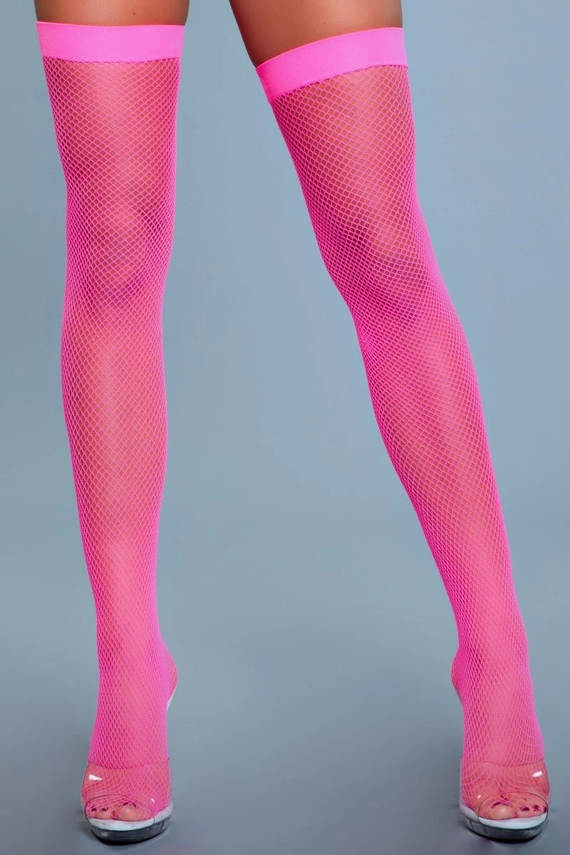 Be Wicked Nylon Fishnet Thigh Highs Neon Pink 4 Be Wicked Nylon Fishnet Thigh Highs Neon Pink - Image 2