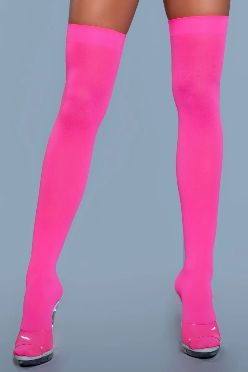 Be Wicked Opaque Nylon Thigh Highs Neon Pink 3 Be Wicked Opaque Nylon Thigh Highs Neon Pink - Image 2