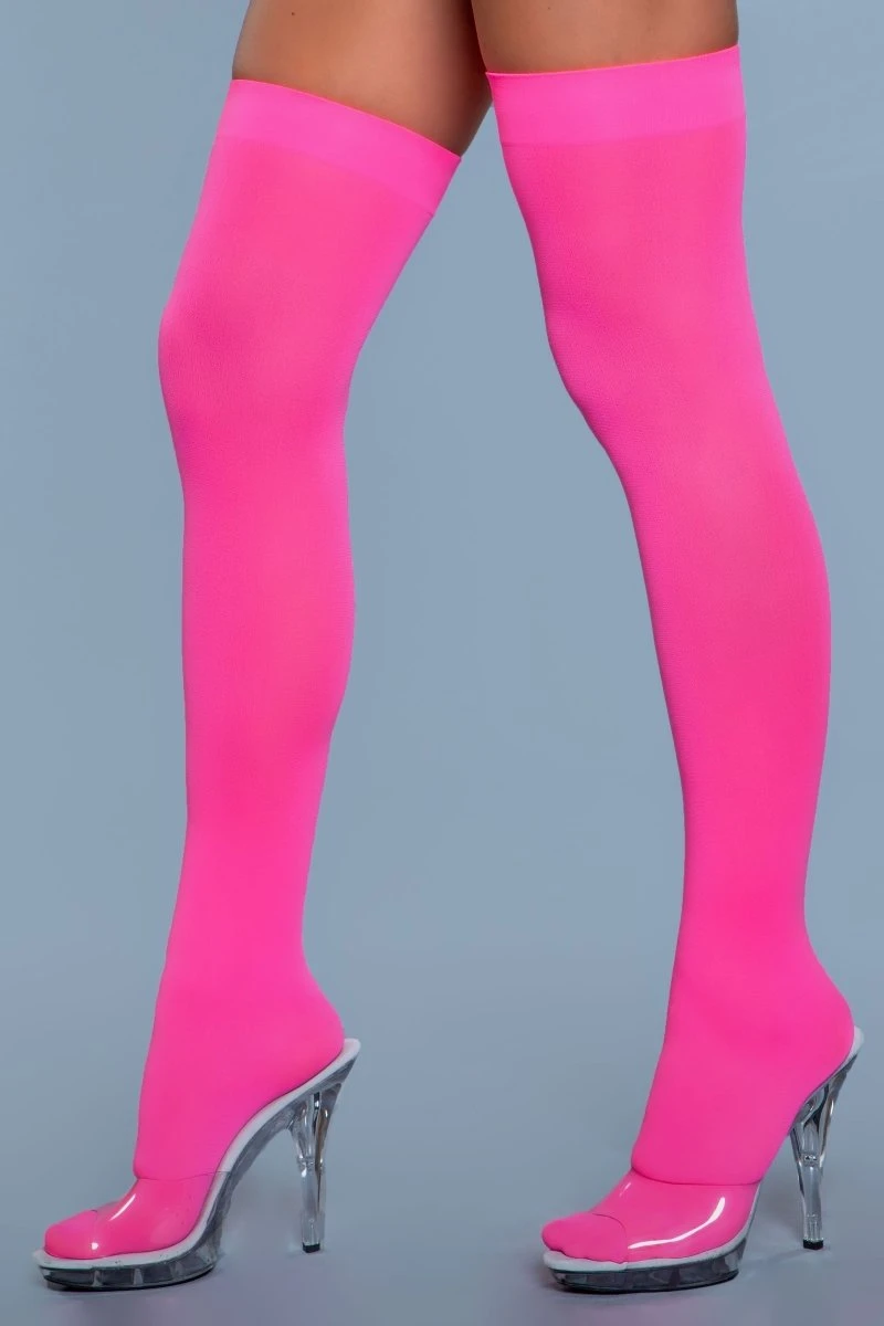 Be Wicked Opaque Nylon Thigh Highs Neon Pink 2 Be Wicked Opaque Nylon Thigh Highs Neon Pink