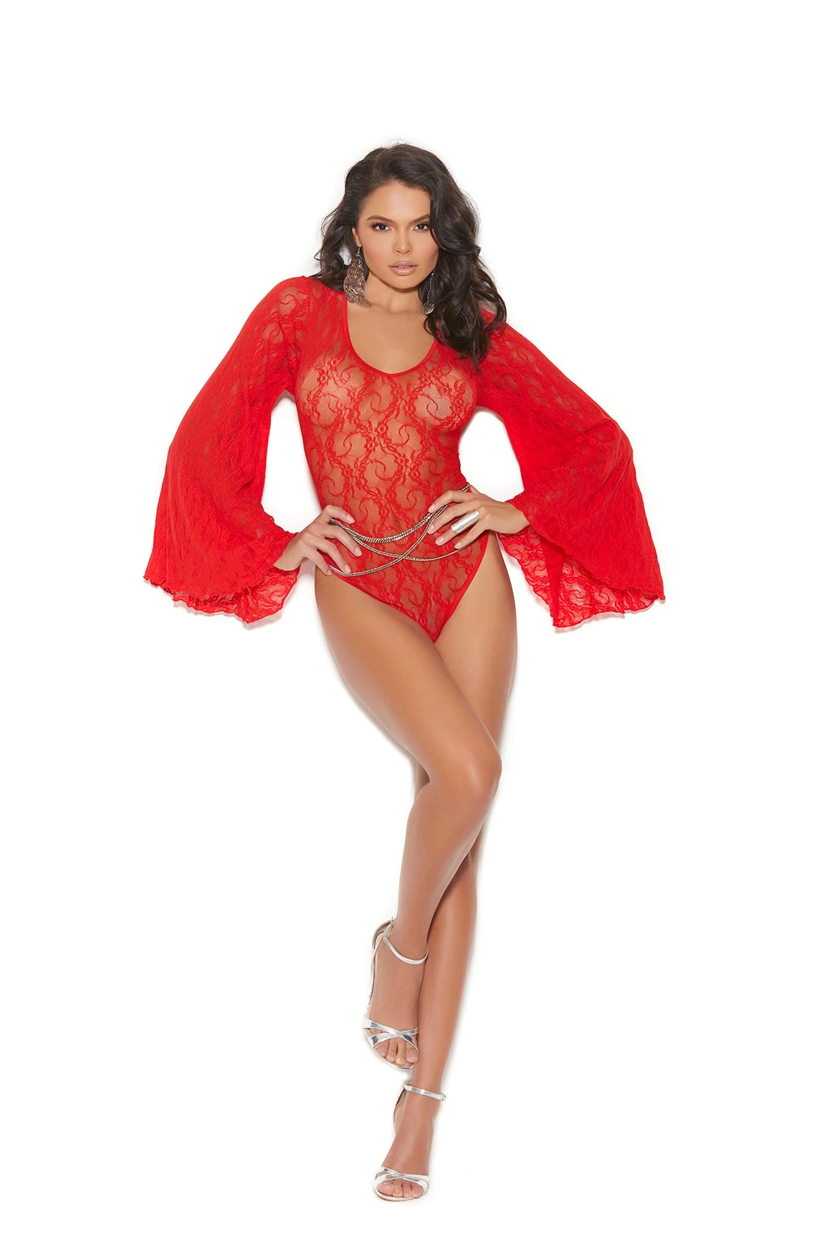 Red Lace Bodysuit With Bell Sleeves 3 Red Lace Bodysuit With Bell Sleeves