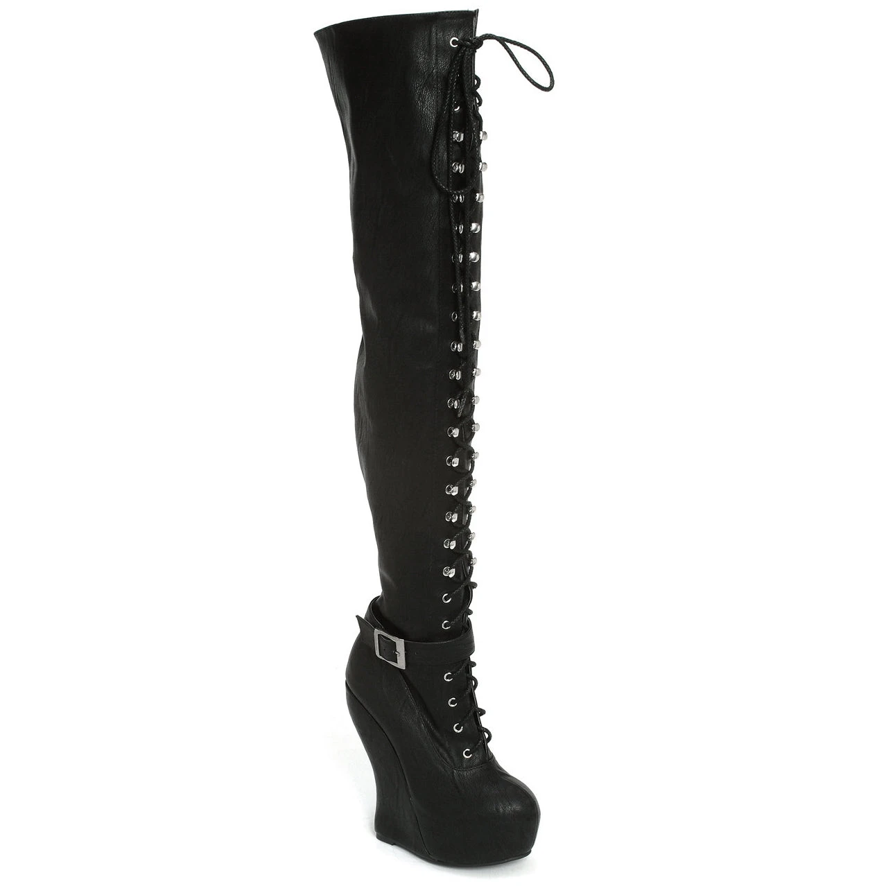 Knee High Lace Up Curve Wedge Boot 3 Knee High Lace Up Curve Wedge Boot