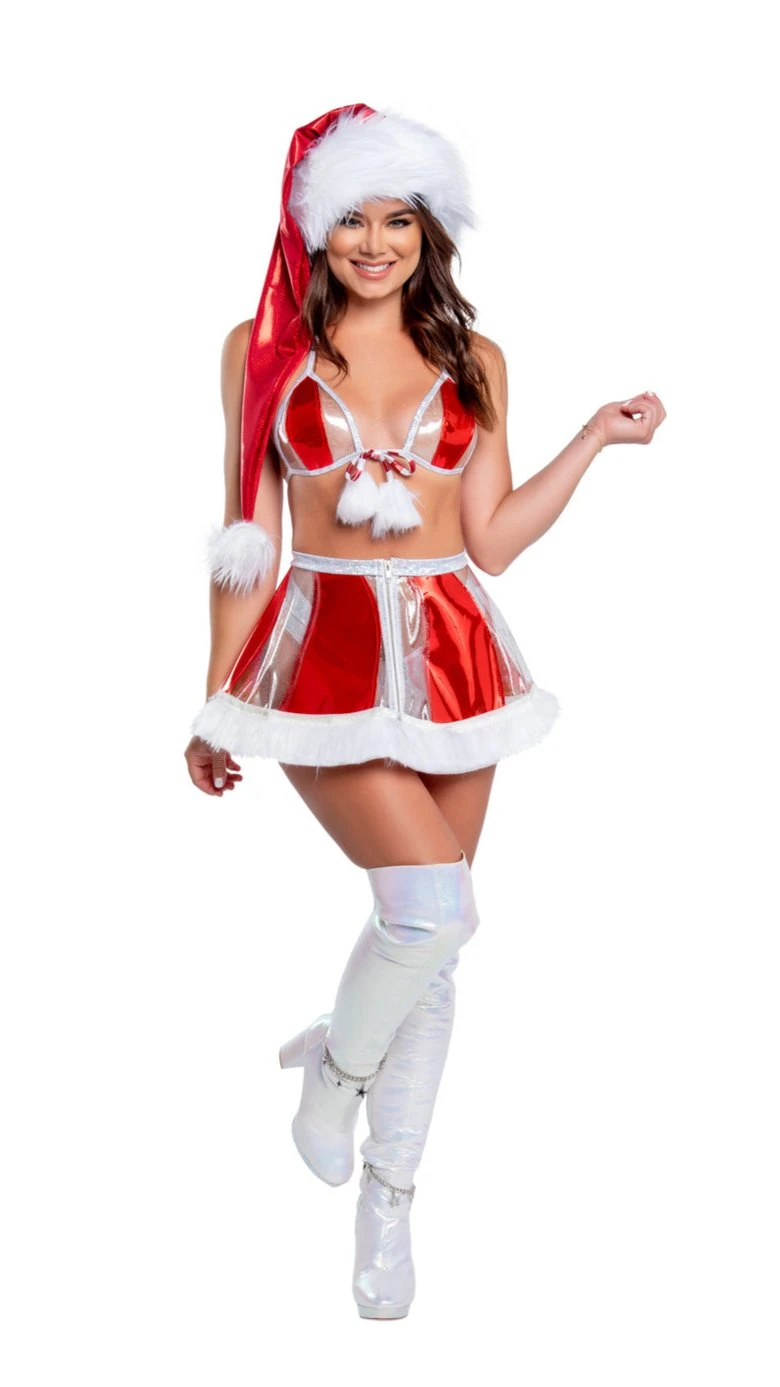 Holiday Holographic Vinyl Triangle Top With Fur Pom-Poms 5 Holiday Holographic Vinyl Triangle Top With Fur Pom-Poms - Image 3