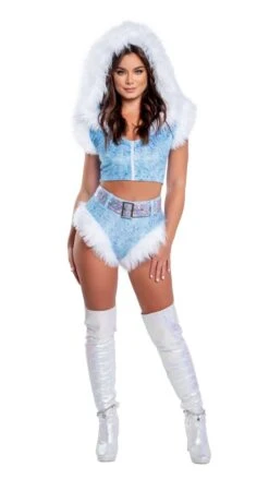 Fur Trimmed Hooded Top And High-Waist Belted Short Set