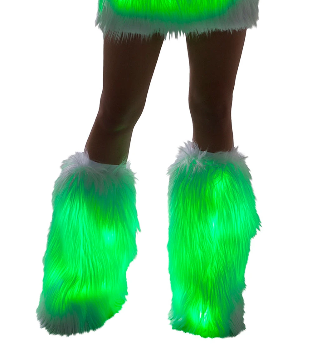 White Fur Light-up Legwarmers With Green Lights 3 White Fur Light-up Legwarmers With Green Lights